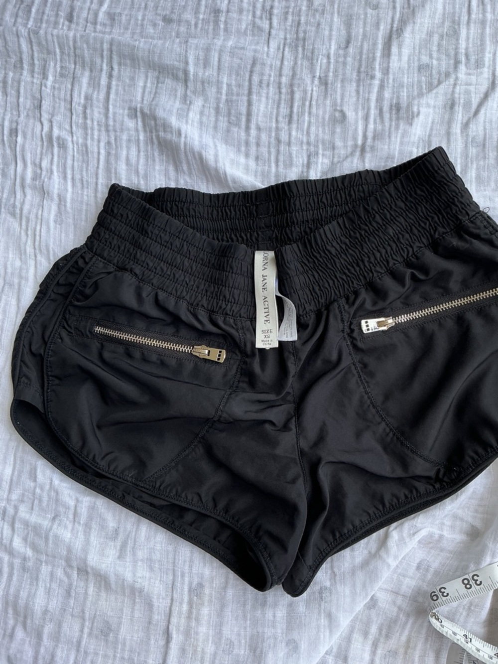 Lorna Jane Black Athletic Shorts with Smocked Waist and Zip Details